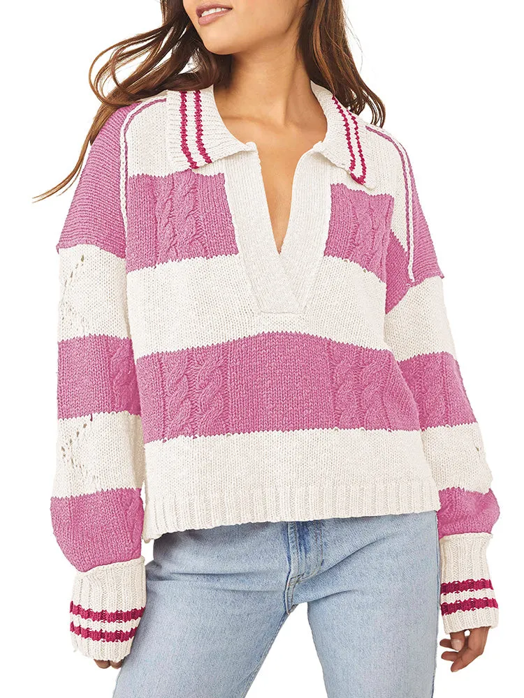 Women's Striped Oversized Pullover Sweaters Lapel Collar V Neck Long Sleeve Jumper Top