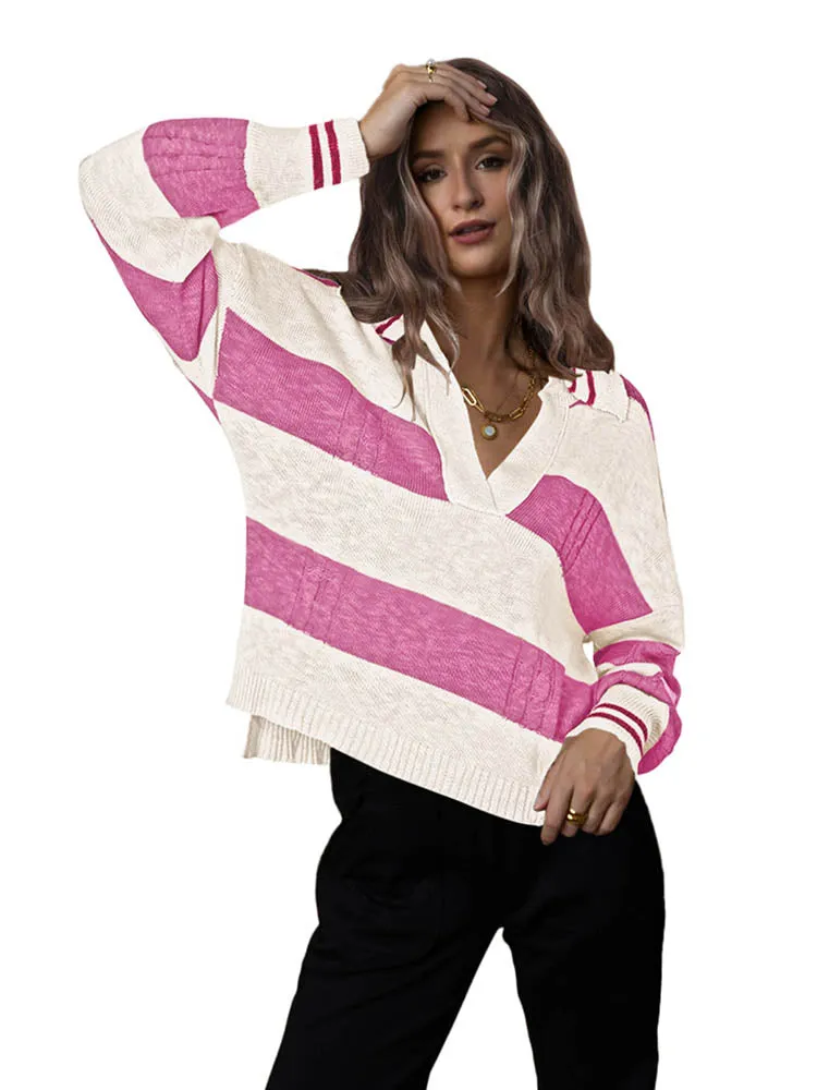 Women's Striped Oversized Pullover Sweaters Lapel Collar V Neck Long Sleeve Jumper Top