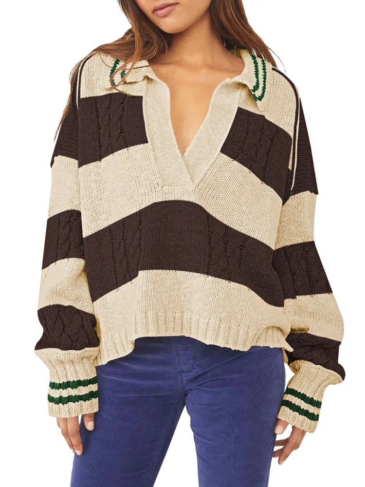 Women's Striped Oversized Pullover Sweaters Lapel Collar V Neck Long Sleeve Jumper Top