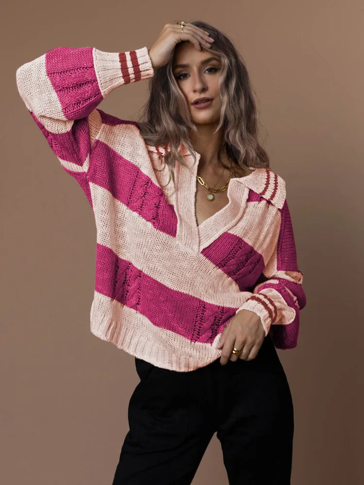 Women's Striped Oversized Pullover Sweaters Lapel Collar V Neck Long Sleeve Jumper Top