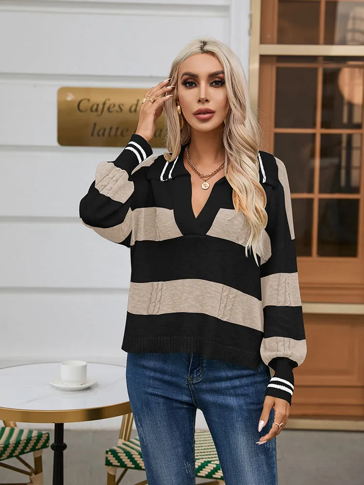 Women's Striped Oversized Pullover Sweaters Lapel Collar V Neck Long Sleeve Jumper Top