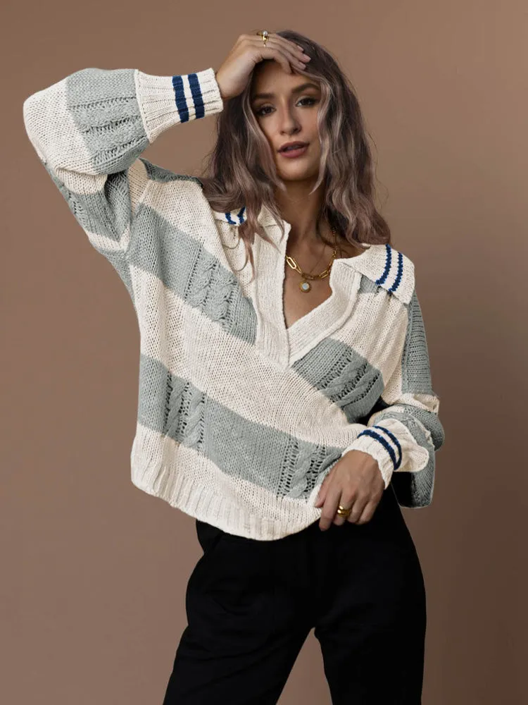 Women's Striped Oversized Pullover Sweaters Lapel Collar V Neck Long Sleeve Jumper Top