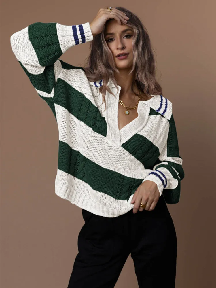 Women's Striped Oversized Pullover Sweaters Lapel Collar V Neck Long Sleeve Jumper Top