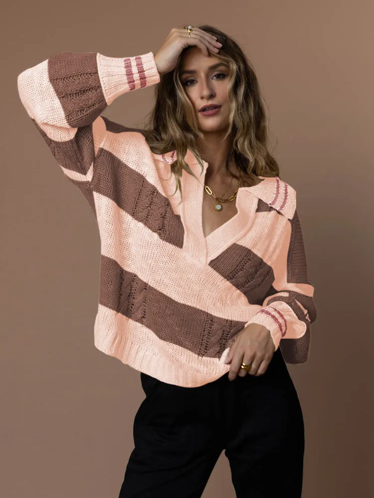 Women's Striped Oversized Pullover Sweaters Lapel Collar V Neck Long Sleeve Jumper Top