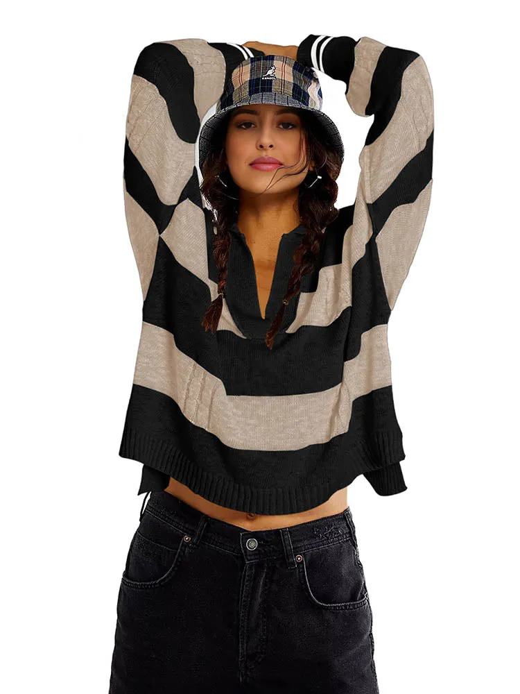 Women's Striped Oversized Pullover Sweaters Lapel Collar V Neck Long Sleeve Jumper Top