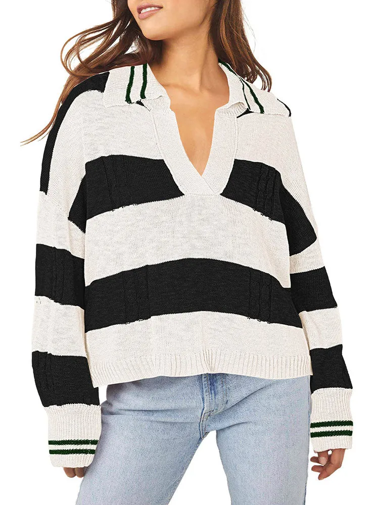 Women's Striped Oversized Pullover Sweaters Lapel Collar V Neck Long Sleeve Jumper Top