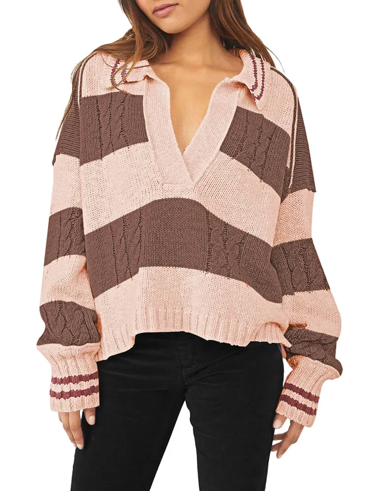 Women's Striped Oversized Pullover Sweaters Lapel Collar V Neck Long Sleeve Jumper Top