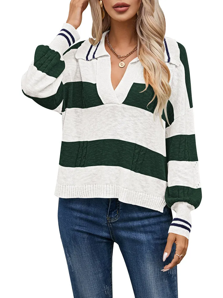 Women's Striped Oversized Pullover Sweaters Lapel Collar V Neck Long Sleeve Jumper Top