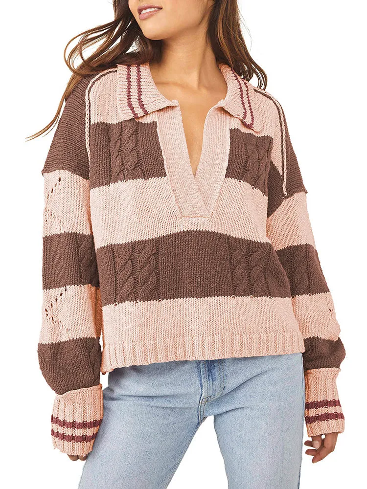 Women's Striped Oversized Pullover Sweaters Lapel Collar V Neck Long Sleeve Jumper Top