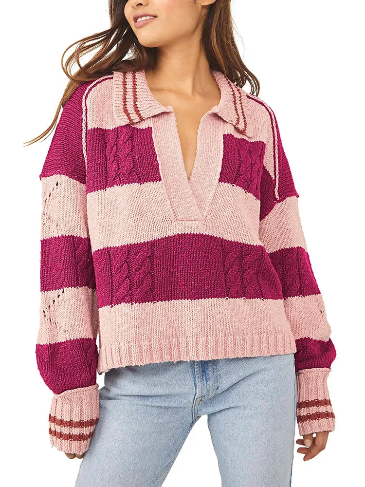 Women's Striped Oversized Pullover Sweaters Lapel Collar V Neck Long Sleeve Jumper Top