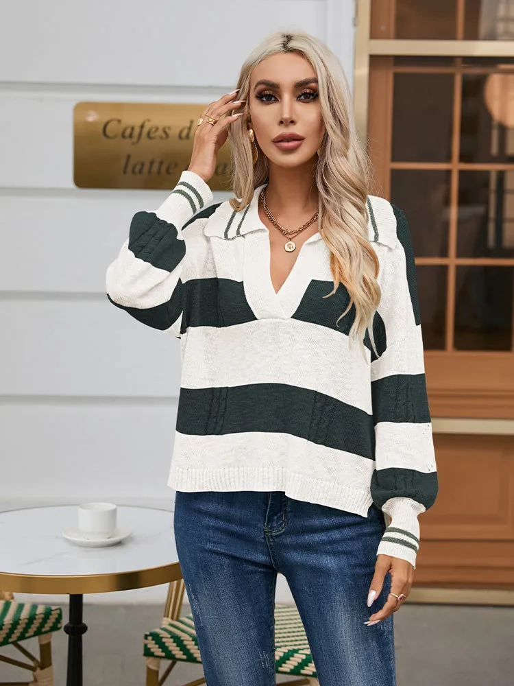 Women's Striped Oversized Pullover Sweaters Lapel Collar V Neck Long Sleeve Jumper Top