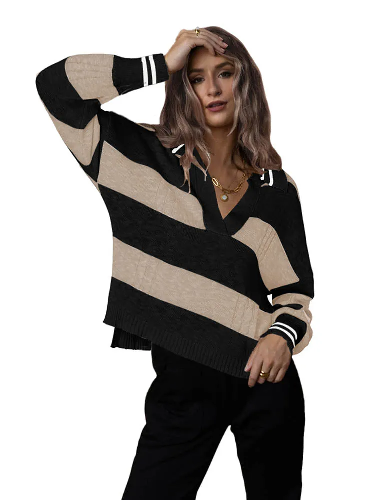 Women's Striped Oversized Pullover Sweaters Lapel Collar V Neck Long Sleeve Jumper Top