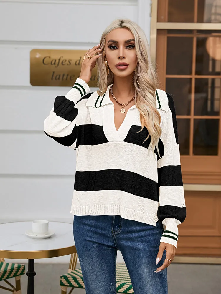 Women's Striped Oversized Pullover Sweaters Lapel Collar V Neck Long Sleeve Jumper Top