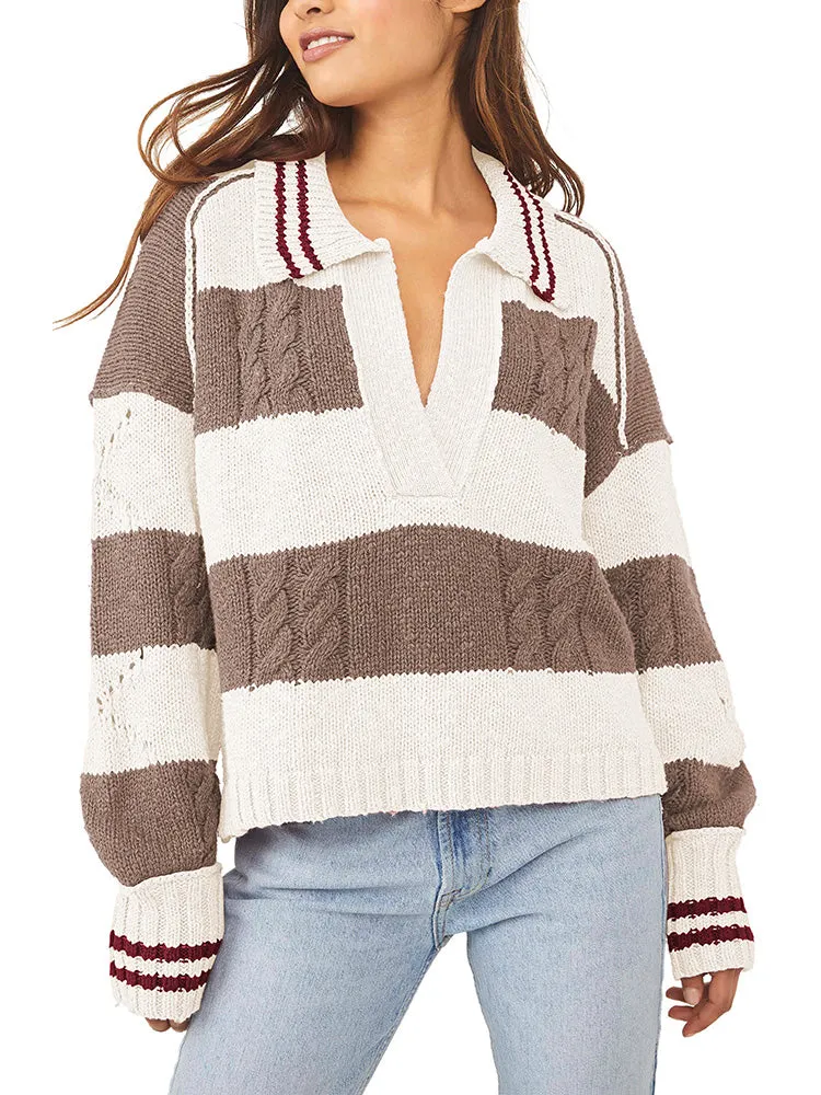 Women's Striped Oversized Pullover Sweaters Lapel Collar V Neck Long Sleeve Jumper Top