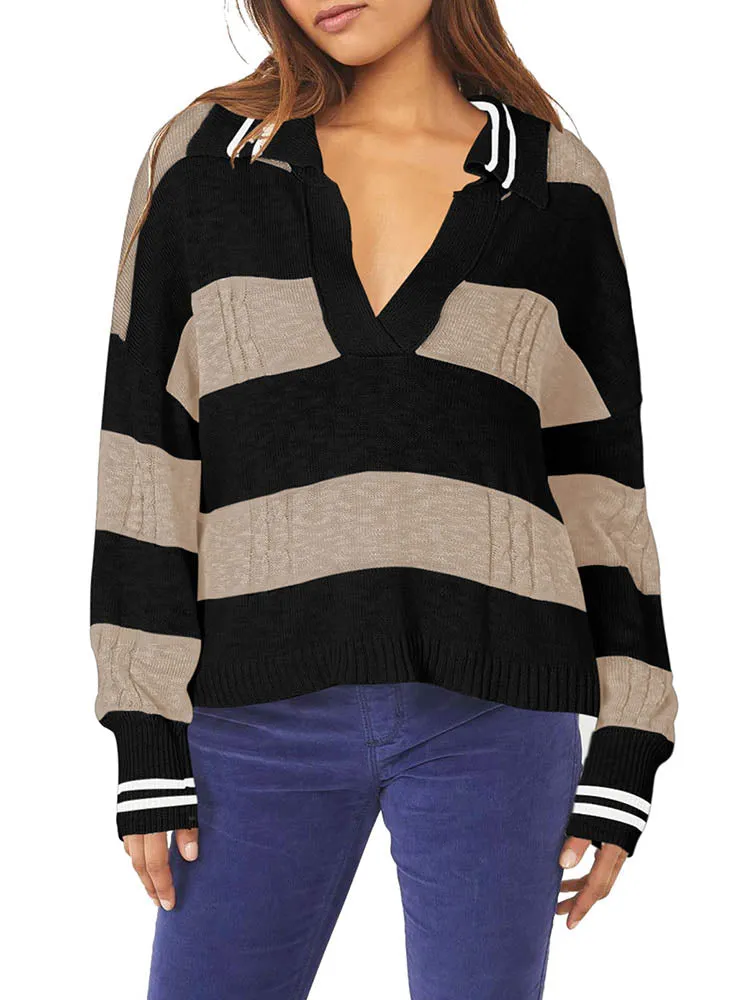 Women's Striped Oversized Pullover Sweaters Lapel Collar V Neck Long Sleeve Jumper Top