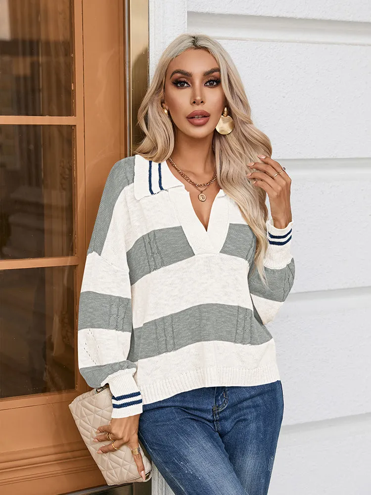 Women's Striped Oversized Pullover Sweaters Lapel Collar V Neck Long Sleeve Jumper Top