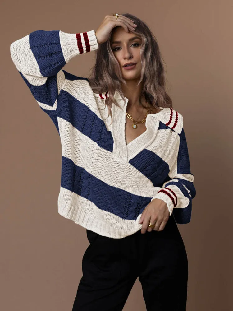 Women's Striped Oversized Pullover Sweaters Lapel Collar V Neck Long Sleeve Jumper Top