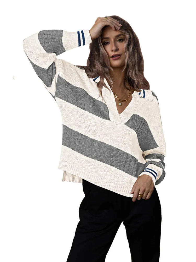 Women's Striped Oversized Pullover Sweaters Lapel Collar V Neck Long Sleeve Jumper Top