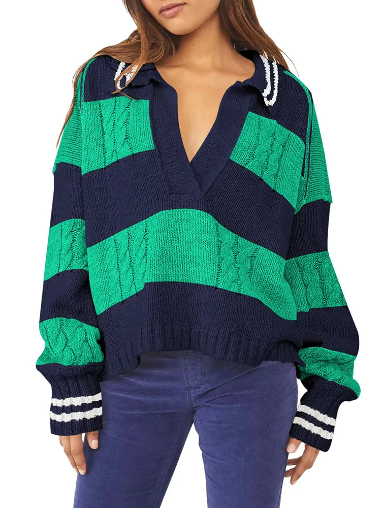 Women's Striped Oversized Pullover Sweaters Lapel Collar V Neck Long Sleeve Jumper Top