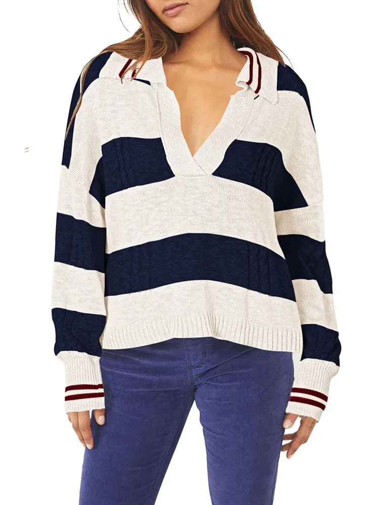 Women's Striped Oversized Pullover Sweaters Lapel Collar V Neck Long Sleeve Jumper Top