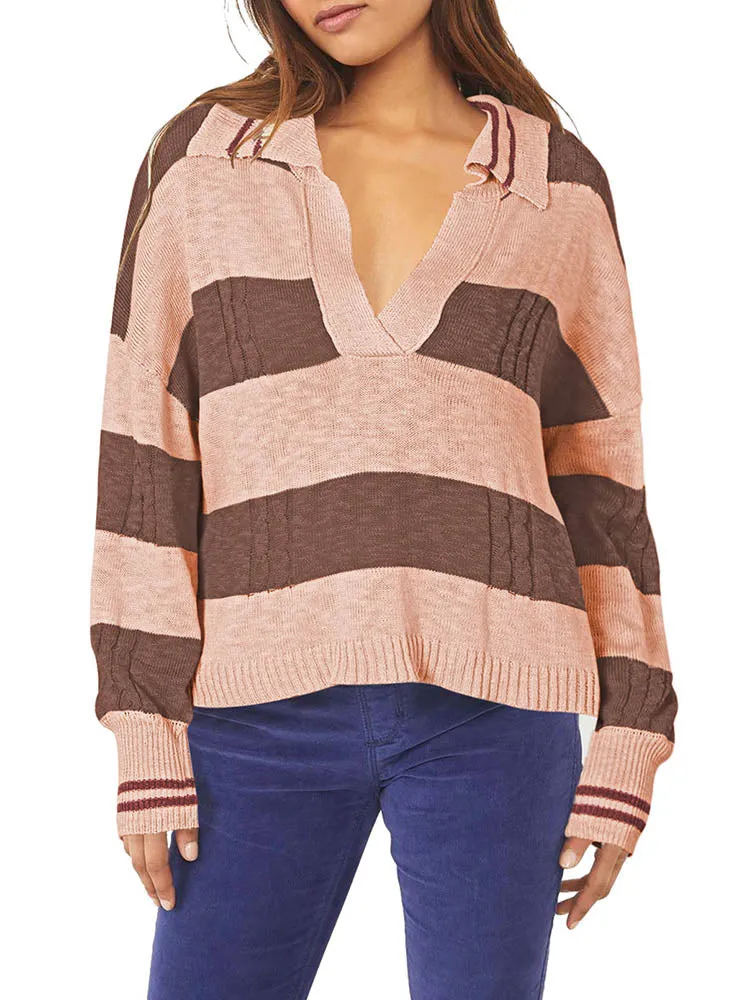 Women's Striped Oversized Pullover Sweaters Lapel Collar V Neck Long Sleeve Jumper Top