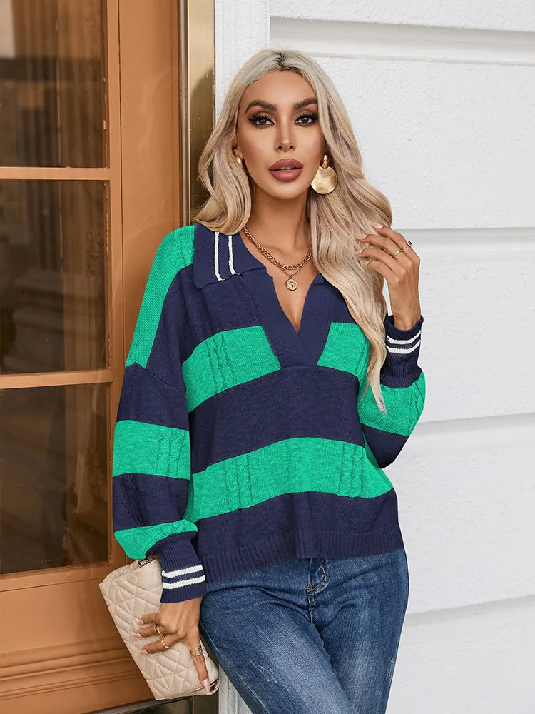 Women's Striped Oversized Pullover Sweaters Lapel Collar V Neck Long Sleeve Jumper Top