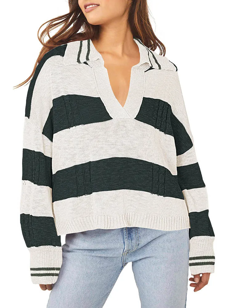 Women's Striped Oversized Pullover Sweaters Lapel Collar V Neck Long Sleeve Jumper Top