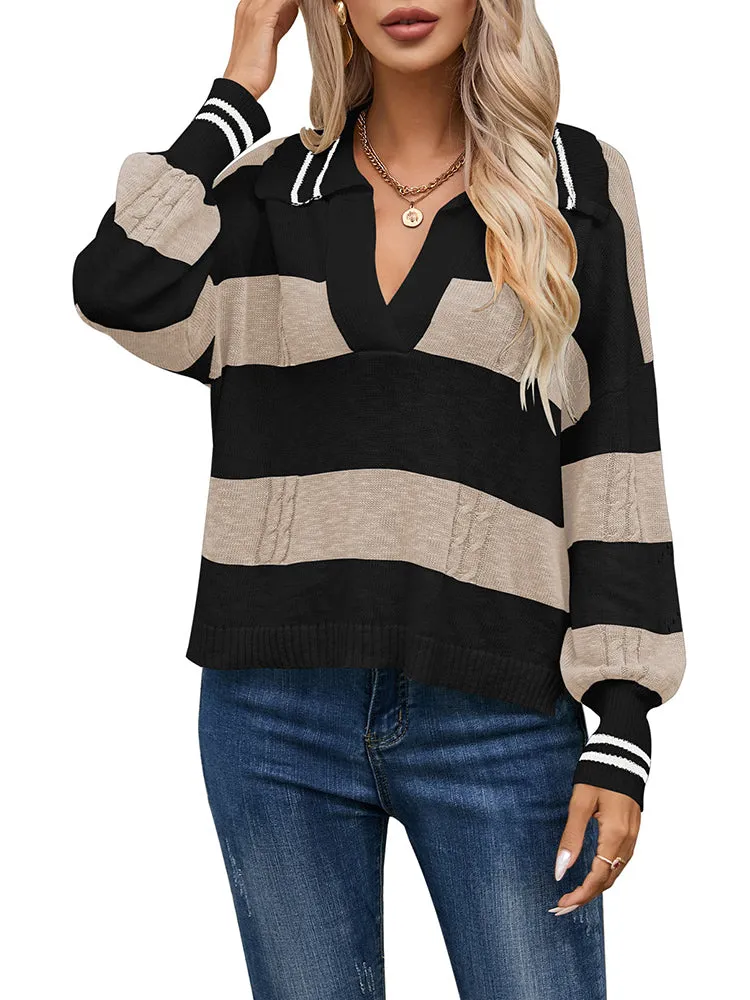 Women's Striped Oversized Pullover Sweaters Lapel Collar V Neck Long Sleeve Jumper Top