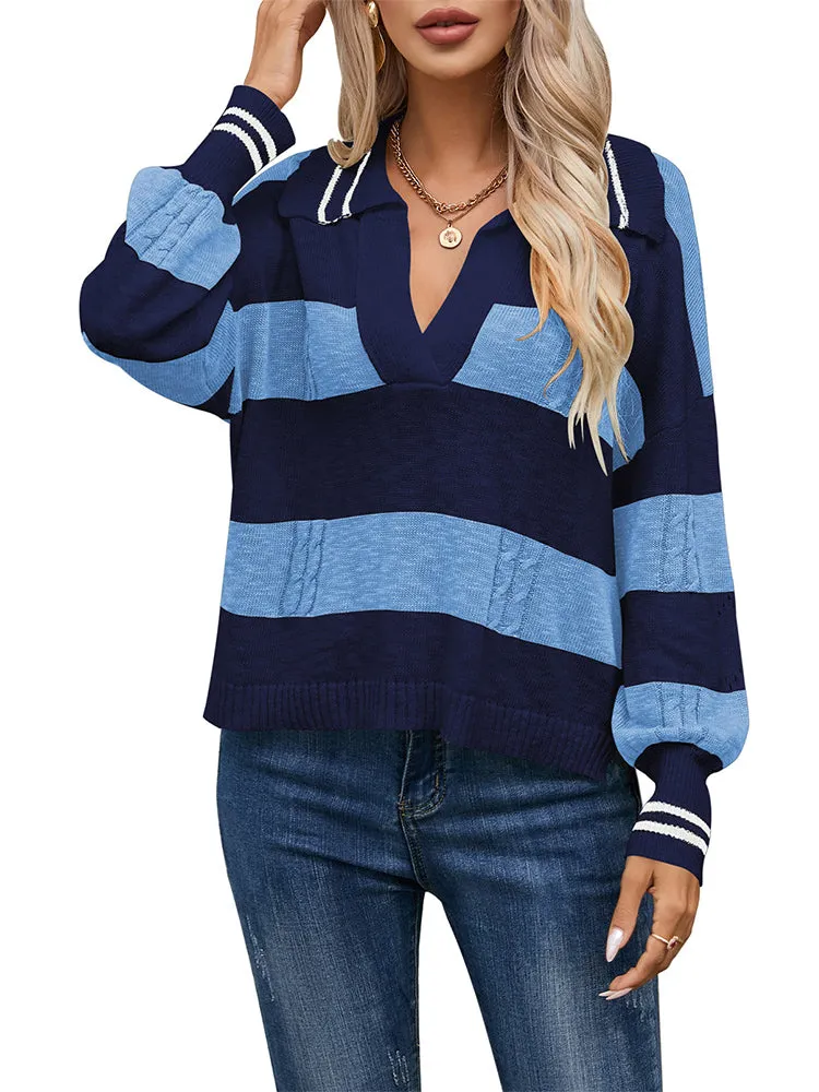 Women's Striped Oversized Pullover Sweaters Lapel Collar V Neck Long Sleeve Jumper Top