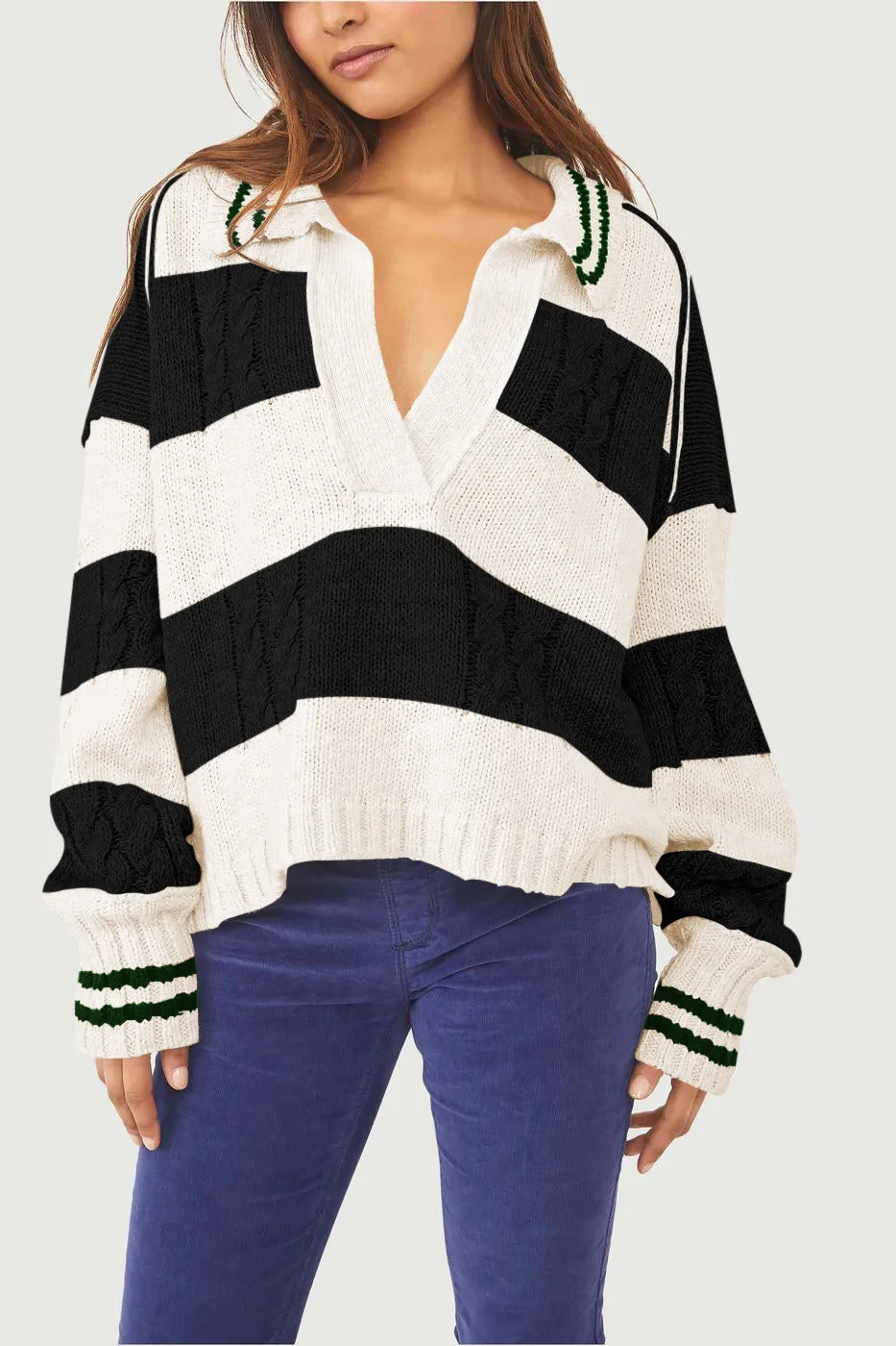 Women's Striped Oversized Pullover Sweaters Lapel Collar V Neck Long Sleeve Jumper Top