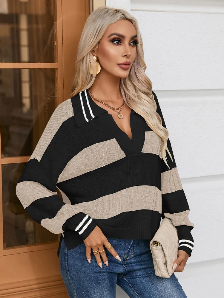 Women's Striped Oversized Pullover Sweaters Lapel Collar V Neck Long Sleeve Jumper Top