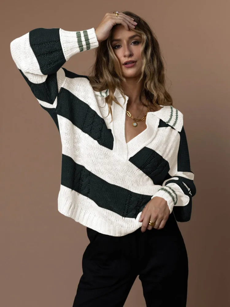 Women's Striped Oversized Pullover Sweaters Lapel Collar V Neck Long Sleeve Jumper Top