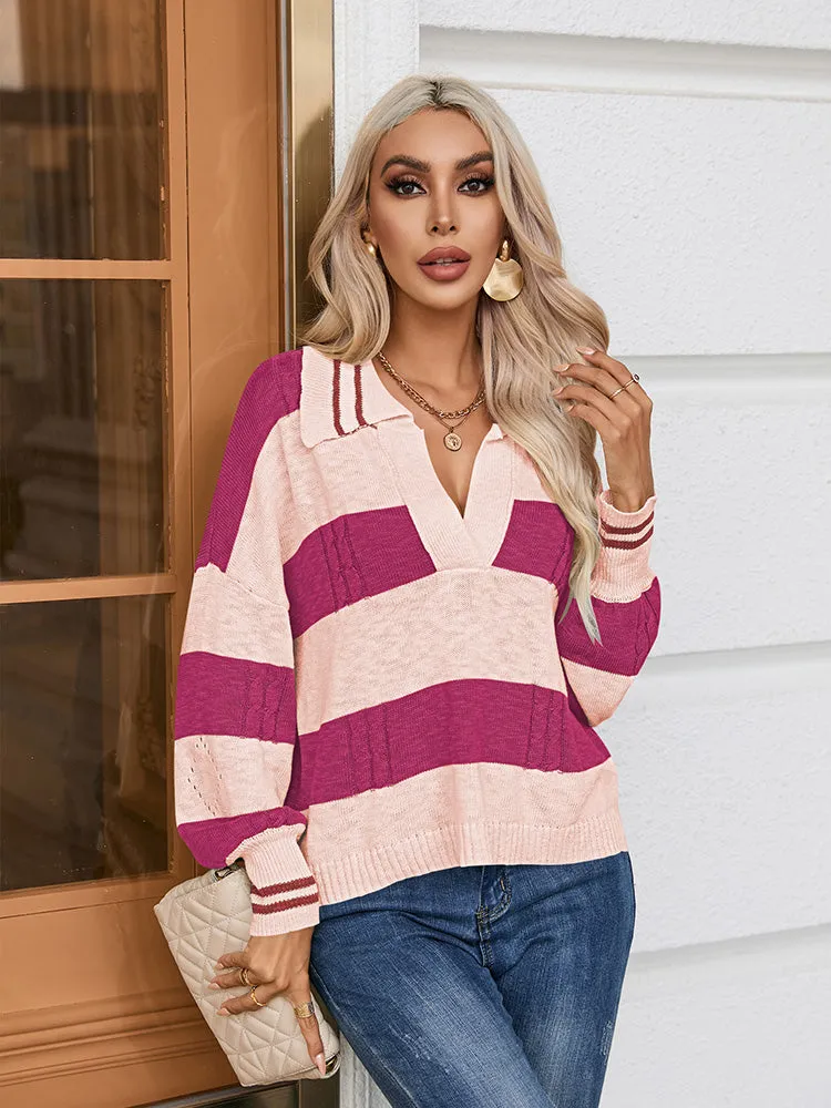 Women's Striped Oversized Pullover Sweaters Lapel Collar V Neck Long Sleeve Jumper Top