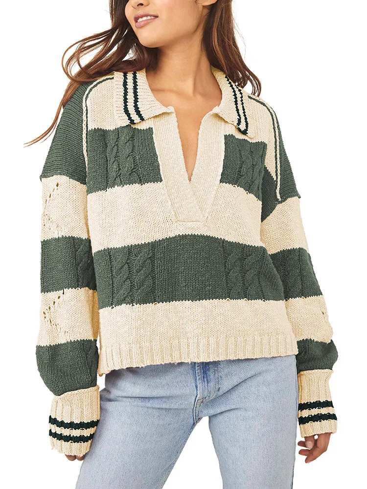 Women's Striped Oversized Pullover Sweaters Lapel Collar V Neck Long Sleeve Jumper Top