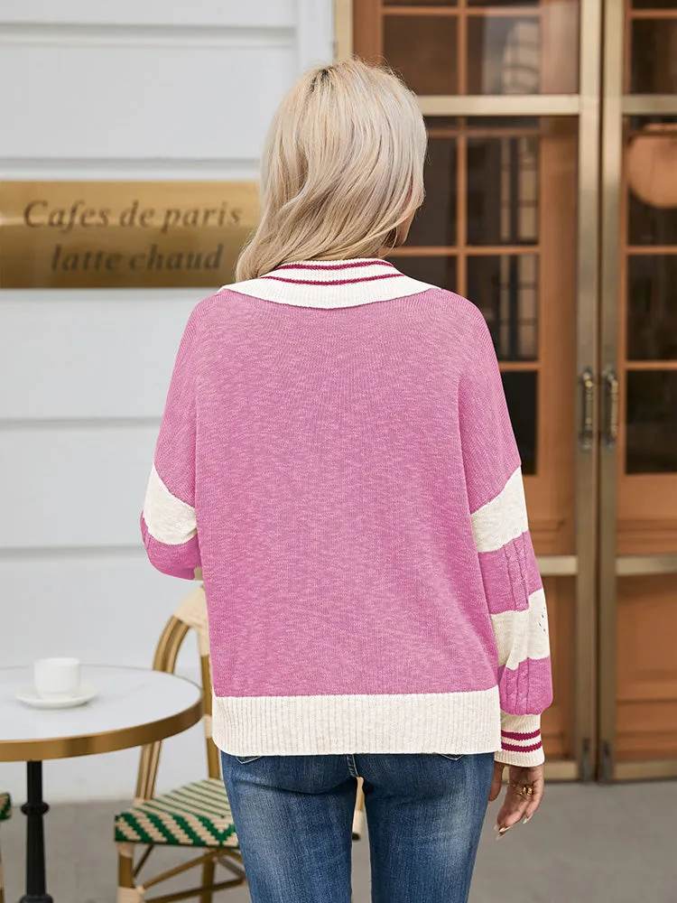 Women's Striped Oversized Pullover Sweaters Lapel Collar V Neck Long Sleeve Jumper Top