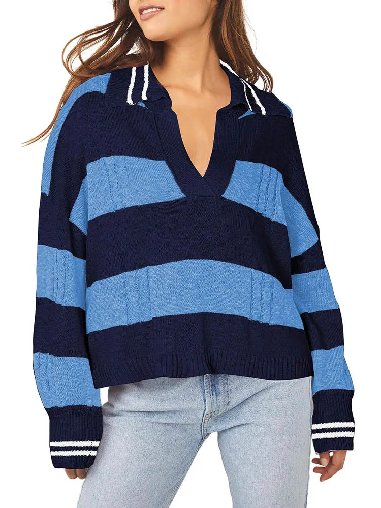 Women's Striped Oversized Pullover Sweaters Lapel Collar V Neck Long Sleeve Jumper Top