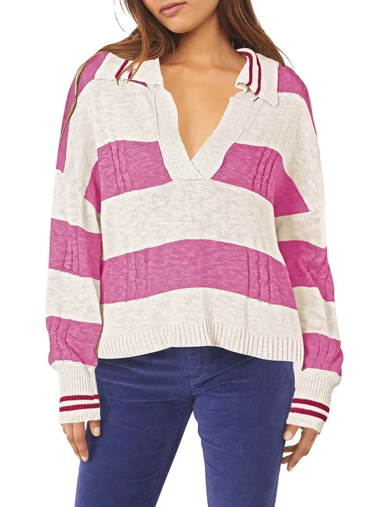 Women's Striped Oversized Pullover Sweaters Lapel Collar V Neck Long Sleeve Jumper Top