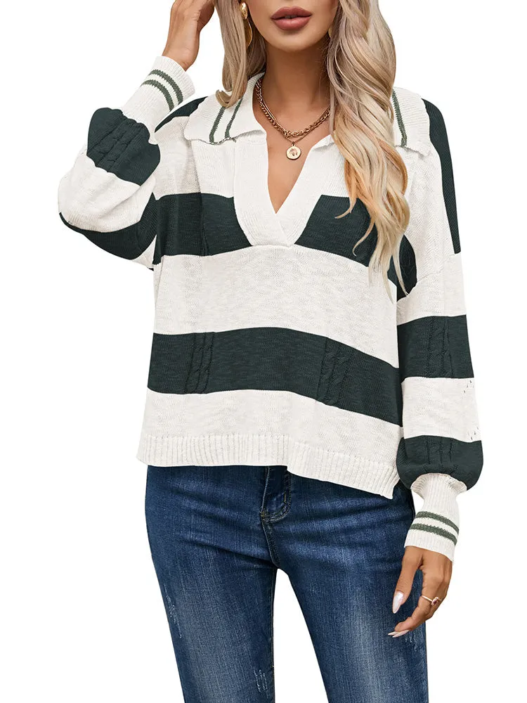 Women's Striped Oversized Pullover Sweaters Lapel Collar V Neck Long Sleeve Jumper Top