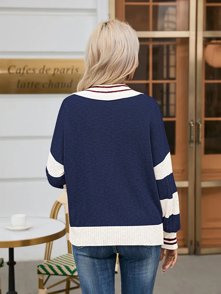 Women's Striped Oversized Pullover Sweaters Lapel Collar V Neck Long Sleeve Jumper Top