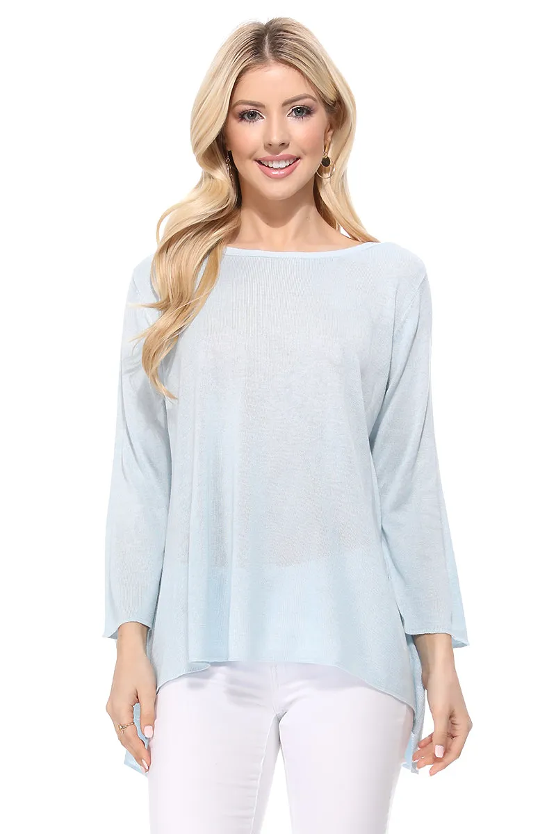 Yemak Women's Semi Sheer Boat Neck Knit Top with Side Vent MK8139