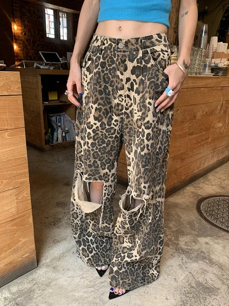 YESMYTOOL  -   Leopard Print Wide Leg Jeans Womem Streetwear Ripped Trousers Hollow Out Denim Baggy Pants Animal Print High Waist Loose