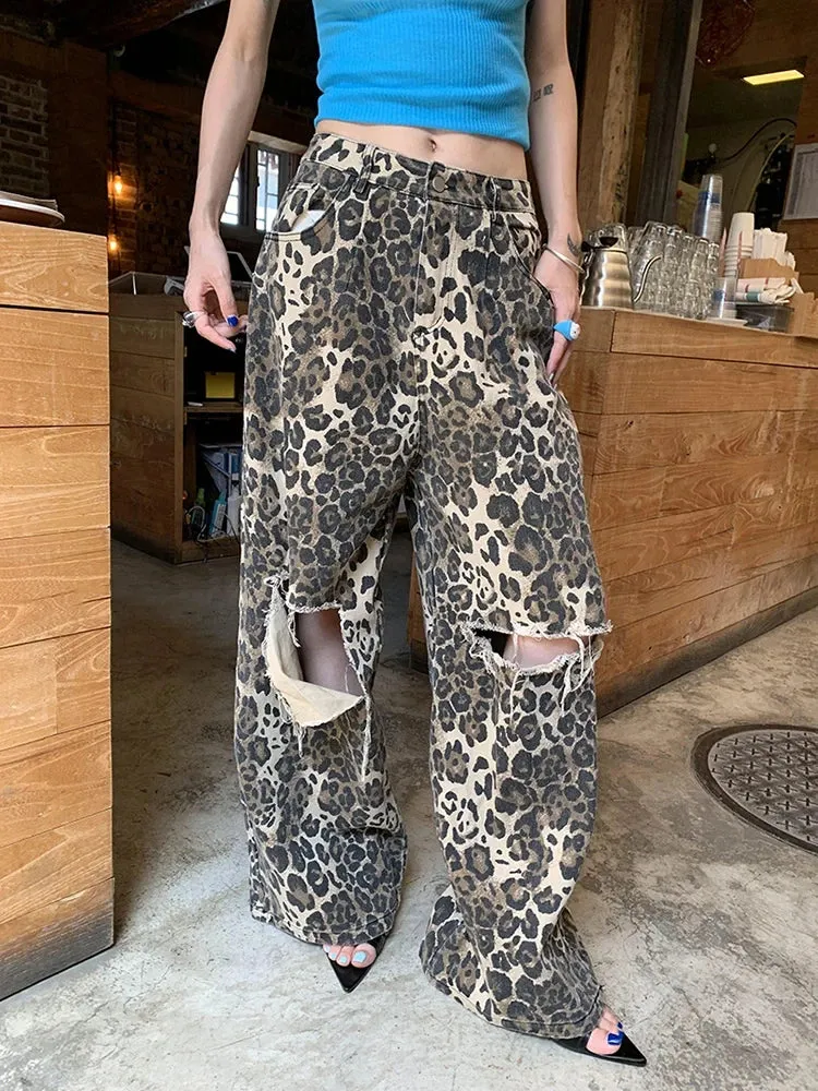 YESMYTOOL  -   Leopard Print Wide Leg Jeans Womem Streetwear Ripped Trousers Hollow Out Denim Baggy Pants Animal Print High Waist Loose