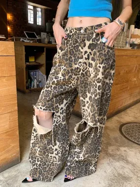 YESMYTOOL  -   Leopard Print Wide Leg Jeans Womem Streetwear Ripped Trousers Hollow Out Denim Baggy Pants Animal Print High Waist Loose