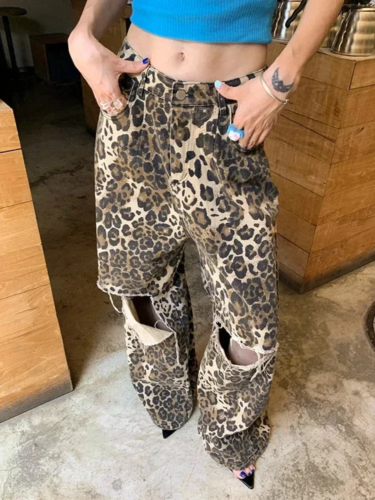 YESMYTOOL  -   Leopard Print Wide Leg Jeans Womem Streetwear Ripped Trousers Hollow Out Denim Baggy Pants Animal Print High Waist Loose