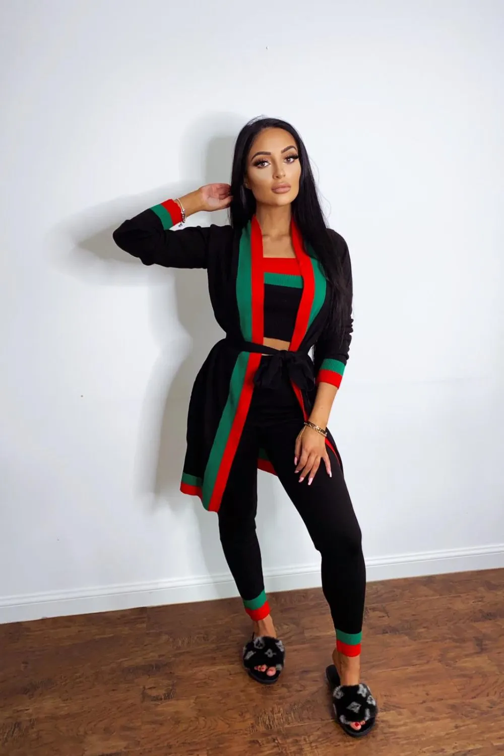 Zara Black Red and Green Striped Fine Knit 3 Piece Lounge Co-ord Set